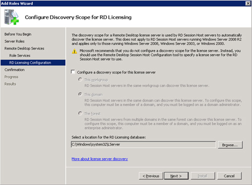 En la pantalla Configure Discovery Scope for RD Licensing, simplemente click Next para continuar. Esta configuración es la recomendada por Microsoft, ya que si habilitamos un Scope de Descubrimiento para este Servidor de Licencias, cualquier máquina podría descubrir automáticamente a nuestro Servidor de Licencias