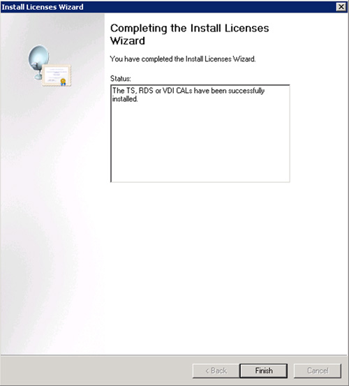 En la pantalla Completing the Install Licenses Wizard, comprobaremos que las licencias han sido instaladas satisfactoriamente, y click Finish
