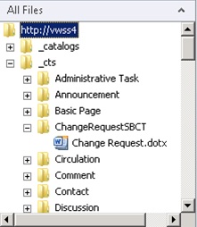 Realizado esto, habremos acabado nuestro trabajo. Ahora ya sólo nos queda compilar y desplegar nuestro proyecto de Visual Studio, tras lo cual, si nos conectamos con SharePoint Designer 2010, podremos ver que efectivamente existe una subcarpeta para nuestro Tipo de Contenido por debajo de _cts, la cual contiene el fichero de Plantilla de Documento que hemos desplegado a través de nuestra Solución Sandboxed.
