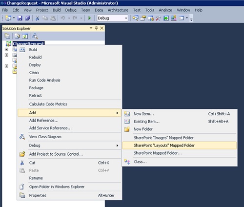 En el Solution Explorer, seleccionaremos la opción Add SharePoint Layouts Mapped Folder, para de este modo tener mapeado en nuestro proyecto de Visual Studio, una carpeta que podamos utilizar para almacenar los contenidos que deseemos desplegar al directorio virtual /_layouts de SharePoint.