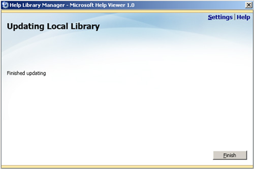 Tras unos NADA breves momentos, la actualización de la ayuda de nuestro Visual Studio 2010 habrá finalizado. Click Finish.