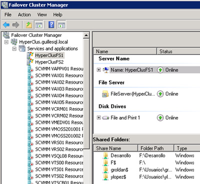 En nuestro caso de ejemplo para restaurar la configuración de un Cluster, utilizaremos el siguiente Failover Cluster de Windows Server 2008 R2 utilizado para Hyper-V y para compartir carpetas (Shared Folders)