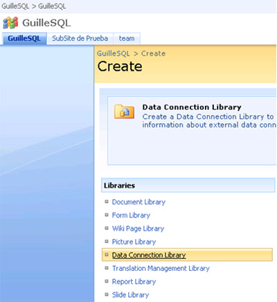 Creación de una librería Data Connection Library para almacenar fichero Office Data Connection (ODC)