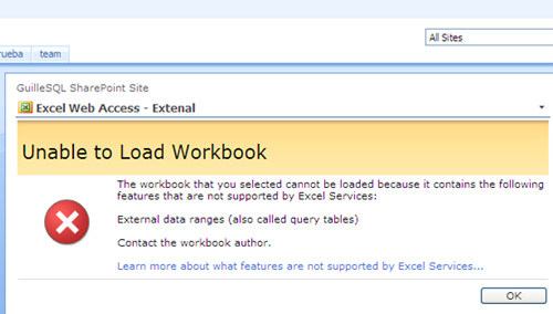 The workbook that you selected cannot be loaded because it contains the following features that are not supported by Excel Services: External data ranges (also called query tables).