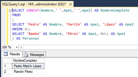 Ejemplo de uso de la función CONCAT en SQL Server 2012