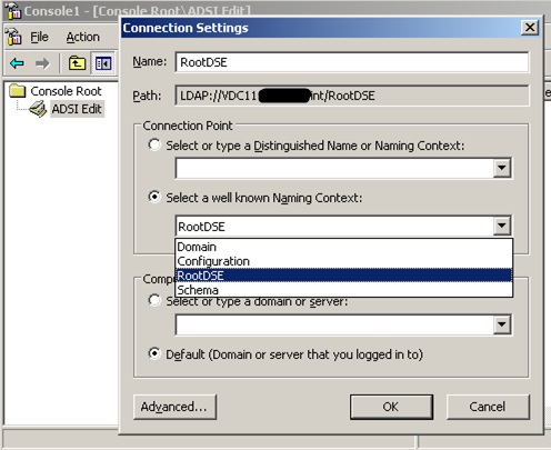 Una vez abierta la consola de ADSI Edit, al conectarnos seleccionaremos que deseamos conectarnos al RootDSE