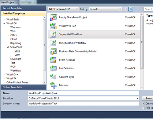 Abriremos Visual Studio 2010 y crearemos un proyecto de tipo Sequential Workflow para SharePoint 2010