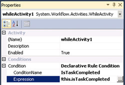 El nuevo miembro que acabamos de crear lo utilizaremos para configurar la condición de la actividad whileActivity1. Para ello, en las propiedades de la actividad whileActivity1, estableceremos la propiedad Condition como Declarative Rule Condition, especificaremos el nombre que deseemos para la condición en la propiedad ConditionName, y especificaremos la expresión de nuestra condición en la propiedad Expression, tal y como se muestra en la siguiente pantalla capturada