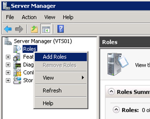 Abrimos la herramienta Server Manager, y seleccionamos la opción Add Roles del menú contextual de Roles