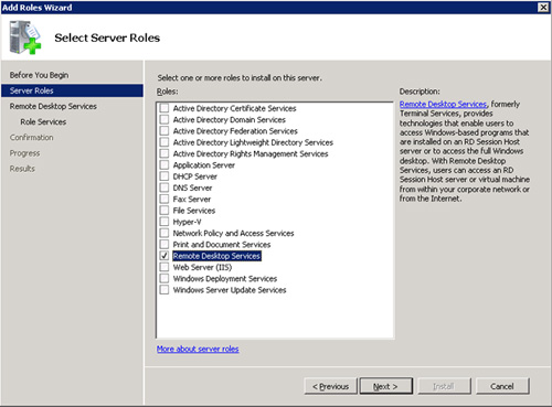En la pantalla Select Server Roles, seleccionaremos la opción Remote Desktop Services. Click Next para continuar