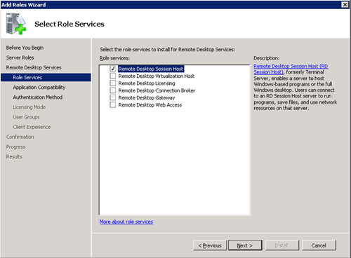 En la pantalla Select Role Services seleccionamos la opción Remote Desktop Session Host. Click Next para continuar