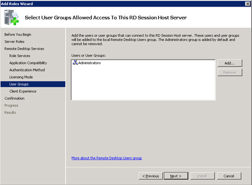 En la pantalla Select User Groups Allowed Access To This RD Session Host Server, seleccionar los grupos de usuarios de Directorio Activo a los que deseemos dar acceso al servidor RDS