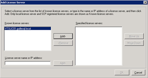 En el diálogo Add License Server, seleccionamos el servidor de licencias deseado 