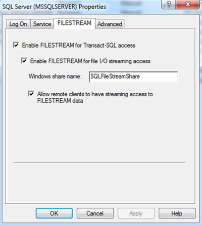 En el diálogo de Propiedades de nuestra Instancia de SQL Server, seleccionaremos la pestaña FILESTREAM, para seguidamente habilitar el almacenamiento FILESTREAM (Enable FILESTREAM for Transact-SQL access, Enable FILESTREAM for file I/O streaming access, y Allow remote clients to have streaming access to FILESTREAM data), de forma similar a como se muestra en la siguiente pantalla capturada.
