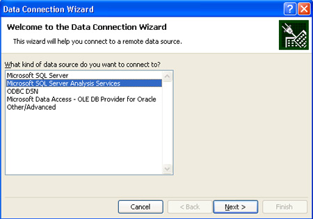 Seleccionar Microsoft SQL Server Analysis Services en el Data Connection Wizard