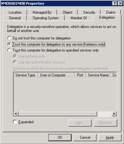 Configurar la opción Trust this computer for delegation.