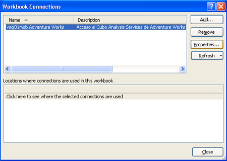 Diálogo Workbook connections de Excel 2007