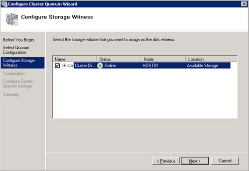 En la pantalla Configure Storage Witness deberemos seleccionar el disco que 

deseamos utilizar como Quorum