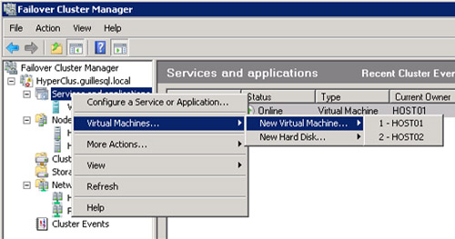 Desde la herramienta administrativa Failover Cluster Manager, 

es posible crear una nueva Máquina Virtual directamente con HA, o bien crear Discos Virtuales.