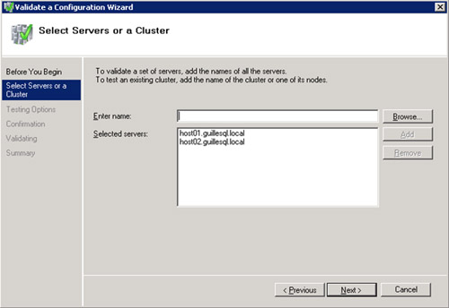 En la pantalla Select Servers or a Cluster, seleccionaremos los 

servidores sobre los cuales deseamos configurar el Cluster (ej: host01.guillesql.local y host02.guillesql.local)