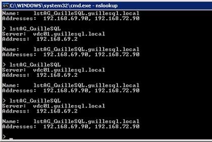 resolución de nombres DNS con nslookup desde una máquinas Windows Server 2003 R2 ubicada en la VLAN 69: siempre se devolvían los IPs en el mismo orden