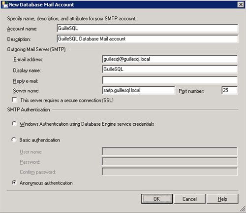 En la pantalla New Database Mail Account configuraremos una cuenta de correo electrónico para ser utilizada por Database Mail. En resumidas cuentas, se trata de indicar la cuenta de correo electrónico, el servidor SMTP, y la configuración de autenticación del servidor SMTP. Click OK para continuar.