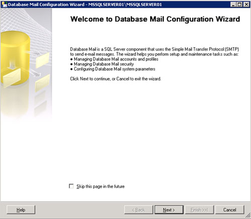 En la pantalla de bienvenida del asistente de configuración de Database Mail, click en Next para continuar.