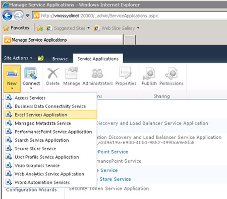 En la pantalla Service Applications, desplegaremos el botón New, y click en Excel Services Application.