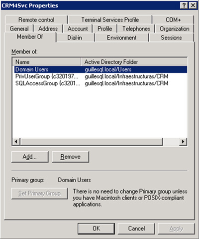 A nivel de Directorio Activo, deberemos abrir la consola de Active Directory Users and Computers (ADUC) que encontraremos por defecto instalada en cualquier Controlador de Dominio, editar la cuenta de usuario de Directorio Activo utilizada como identidad del Pool de Aplicaciones de CRM (en nuestro caso, la cuenta GUILLESQL\CRM4Svc), y hacer a esta cuenta miembro de los grupos PrivUserGroup y SQLAccessGroup de la correspondiente instalación de Microsoft Dynamics CRM