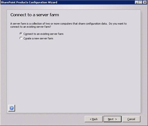 En la pantalla Connect to a server farm, seleccionaremos la opción Connect to an existing server farm. Click Next para continuar.