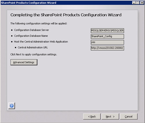 De nuevo en la pantalla Completing the SharePoint Products Configuration Wizard, click Next para continuar.