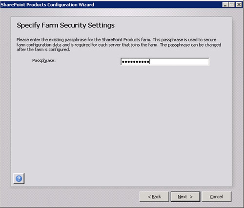 En la pantalla Specify Farm Security Settings, deberemos especificar la PassPhrase de la Granja MOSS para poder añadir este nuevo servidor MOSS a la Granja. Click Next para continuar.