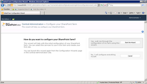 En la pantalla How do you want to configure your SharePoint farm?, click sobre el botón Start the Wizard.