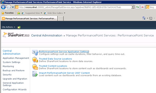En la pantalla Manage PerformancePoint Services, click en PerformancePoint Service Application Settings.