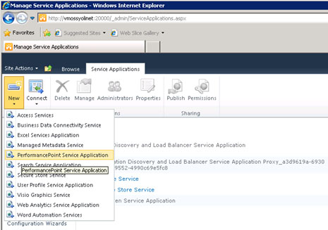 En la pantalla Service Applications, desplegaremos el botón New, y click en PerformancePoint Service Application.
