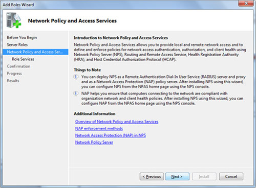En la pantalla Network Policy and Access Services, click Next para continuar.