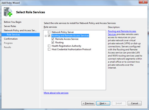 En la pantalla Select Role Services, seleccionaremos los componentes de Routing and Remote Access Services (RRAS), como se muestra en la siguiente pantalla capturada. Click Next para continuar.