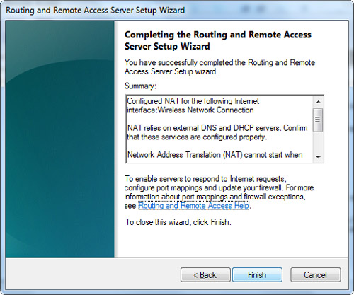 En la pantalla Completing the Routing and Remote Access Server Setup Wizard, click Finish para continuar.