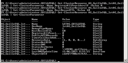 Como podemos observar, nuestro Recurso de Network Name tiene los valores por defecto para las propiedades RegisterAllProvidersIP y HostRecordTTL (0 y 1200, respectivamente). Para cambiar estos valores, ejecutaremos los comandos Get-ClusterResource y Set-ClusterParameter