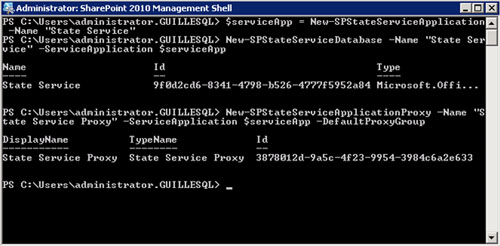 A continuación se muestra una ejecución de ejemplo de estos comandos (New-SPStateServiceApplication, New-SPStateServiceDatabase, New-SPStateServiceApplicationProxy) desde la SharePoint 2010 Management Shell, realizada sobre una Granja con tres servidores MOSS (dos frontales y un servidor de aplicaciones).