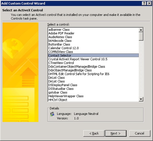 En el diálogo Add Custom Control Wizard, en la pantalla Select an ActiveX Control, seleccionaremos la opción Contact Selector. Click Next.