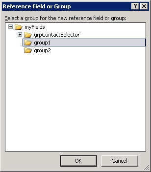 En el diálogo Reference Field or Group, seleccionaremos el Grupo correspondiente al primero de nuestros controles Contact Selector.