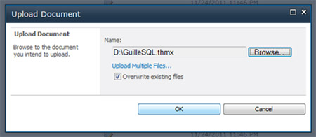 En el diálogo Upload Document, seleccionaremos el fichero thmx de nuestro tema, y seguidamente, click OK para continuar