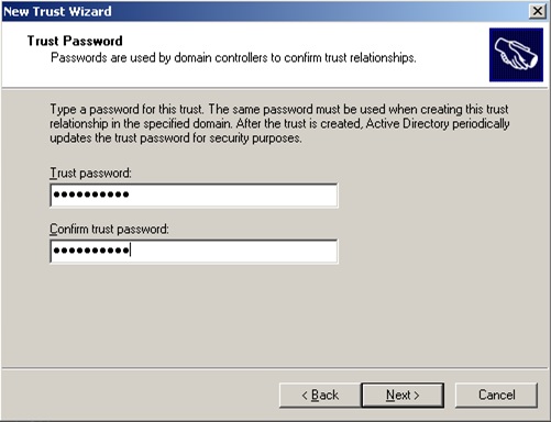 En la pantalla Trust Password, deberemos especificar la contraseña deseada para nuestra relación de confianza (Trust)