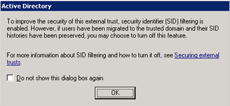 Se mostrará una ventana de diálogo informándonos de que SID Filtering está habilitado, algo que se realiza por defecto al crear una relación de confianza (Trust) de tipo External en Windows Server 2003 R2. Click OK.