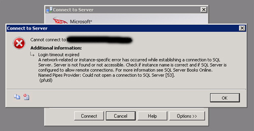 Login timeout expired. A network-related or instance-specific errer has occurred while establishing a connection to SQL Server. Server is not found or not accessible. Check if instance name is correct and if SQL Server is configured to allow remote connections. For more information see SQL Server Books Online. Named Pipes Provider: Could not open a connection to SQL Server