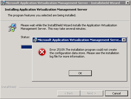 El error 25109 al instalar App-V: The installation program could not create the configuration data store