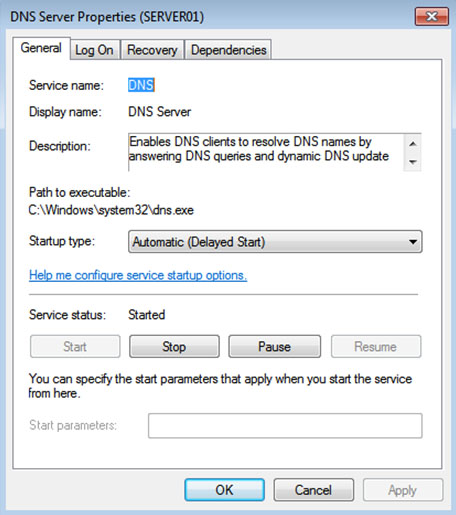 Probé a configurar el servicio DNS Server con el tipo de inicio Automatic (Delayed Start), en lugar de Automatic