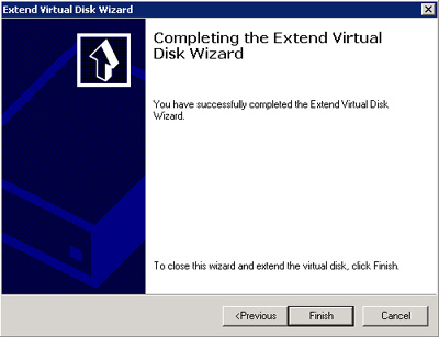 Finalización del asistente para extender un disco virtual (LUN) de Microsoft iSCSI Software Target