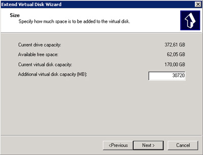 En la pantalla Extend Virtual Disk Wizard del Microsoft iSCSI Software Target, especificaremos el tamaño que deseamos añadir